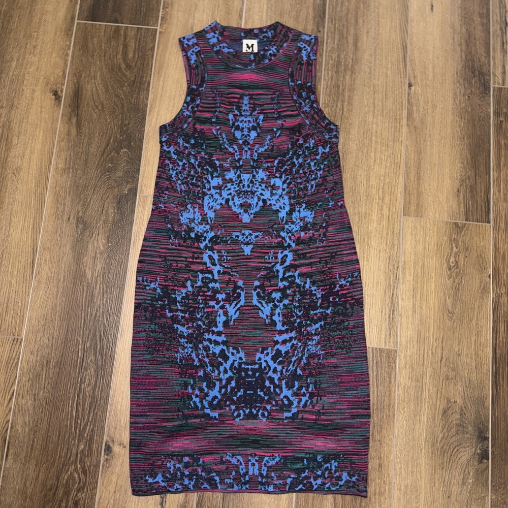 M Missoni Knit Bodycon Crew Neck Wool Sleeveless Dress Red Green Blue